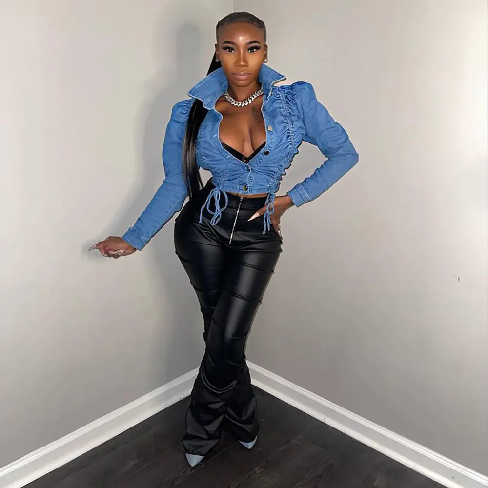 Denim Coats Women Single Breasted Coat Drawstring Slim Fit Turn Down Collar Y2k Streetwear Jackets Mom Jeans Splice Jacket