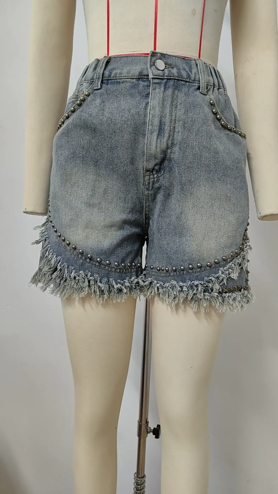 Denim Shorts Women Washed Distressed Jeans Rivet Elastic Waist Pockets 2025 Vintage Mom Jeans Straight Short Pants Streetwear
