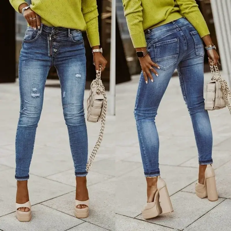 Summer Jeans for Women Ankle Length Denim Pencil Pants Mom Zipper Fly Washing Slim Pockets Streetwear Spring 2025 Slght Strech
