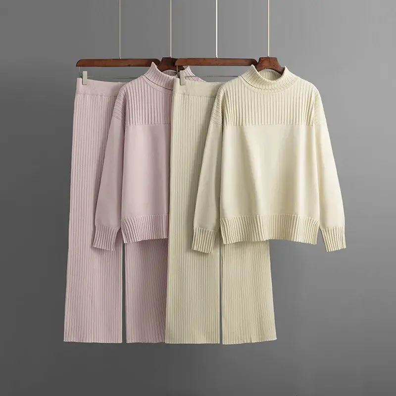 Knit Sweater Set Women Autumn Winter Tracksuit Turtleneck Thick Sweater Elastic Trousers Knitted Two Piece Set Y2k Streetwear