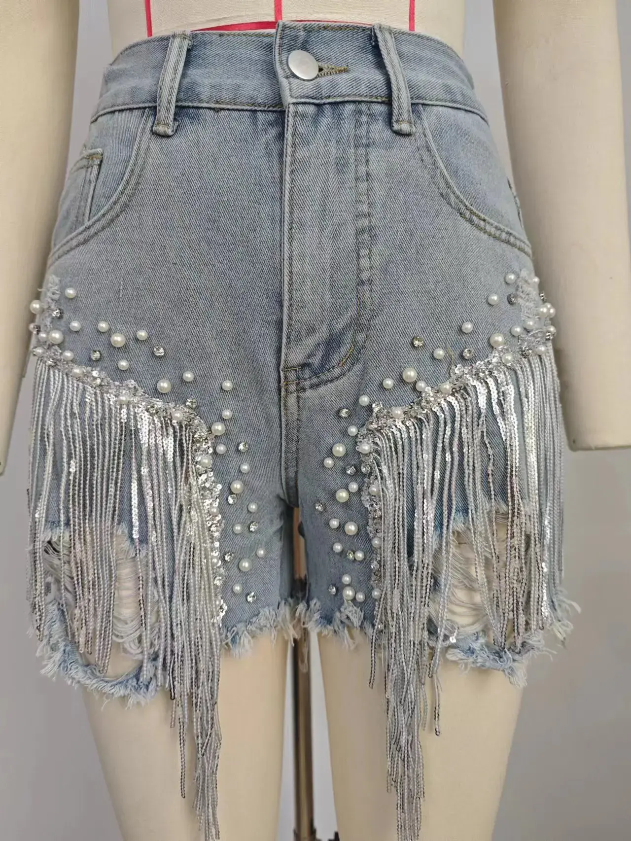 Shorts Jeans Women Casual Hole Denims Tassel Diamonds Distressed Washed Pockets Straight Short Pants Mom Jeans 2025 Streetwear