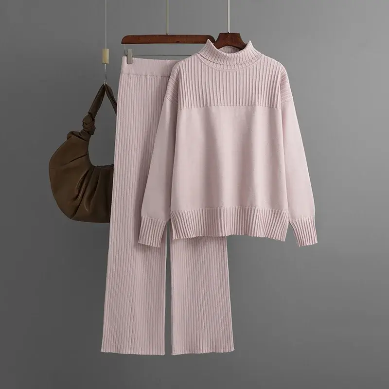 Knit Sweater Set Women Autumn Winter Tracksuit Turtleneck Thick Sweater Elastic Trousers Knitted Two Piece Set Y2k Streetwear