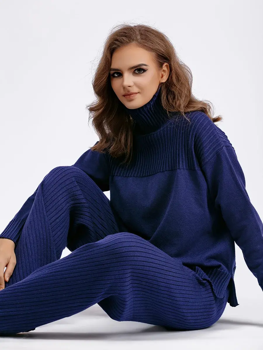 Knit Sweater Set Women Autumn Winter Tracksuit Turtleneck Thick Sweater Elastic Trousers Knitted Two Piece Set Y2k Streetwear