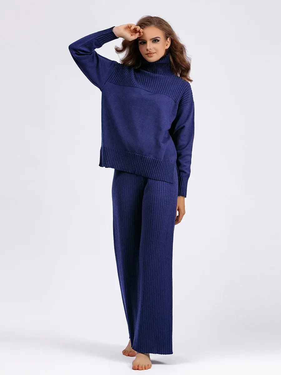 Knit Sweater Set Women Autumn Winter Tracksuit Turtleneck Thick Sweater Elastic Trousers Knitted Two Piece Set Y2k Streetwear