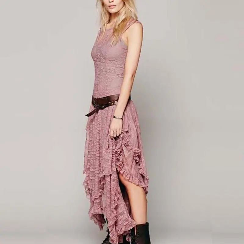 Women Dresses Sleeveless Dress Solid Color Round Neck Patchwork Lace Irregular Sexy Waist Ankle Length 2025 Party Dress Vestidos
