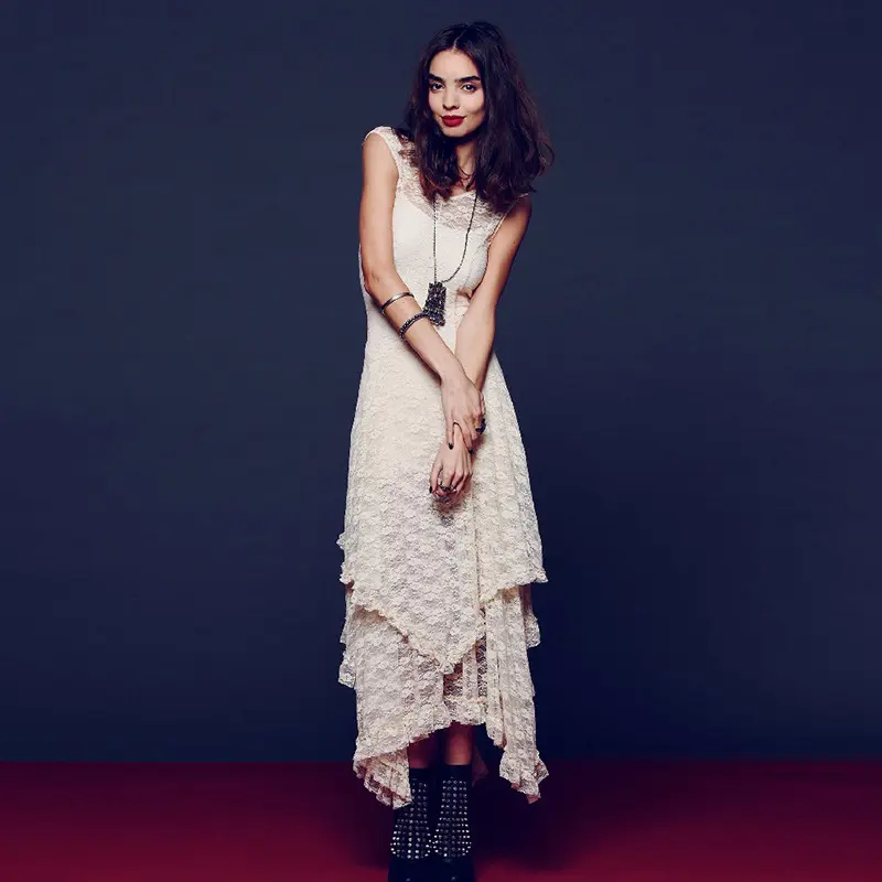 Women Dresses Sleeveless Dress Solid Color Round Neck Patchwork Lace Irregular Sexy Waist Ankle Length 2025 Party Dress Vestidos
