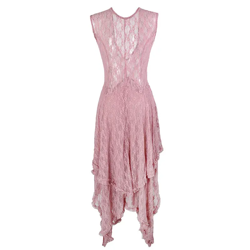 Women Dresses Sleeveless Dress Solid Color Round Neck Patchwork Lace Irregular Sexy Waist Ankle Length 2025 Party Dress Vestidos