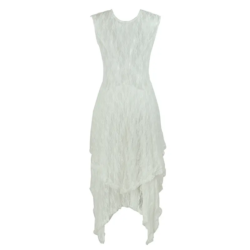 Women Dresses Sleeveless Dress Solid Color Round Neck Patchwork Lace Irregular Sexy Waist Ankle Length 2025 Party Dress Vestidos