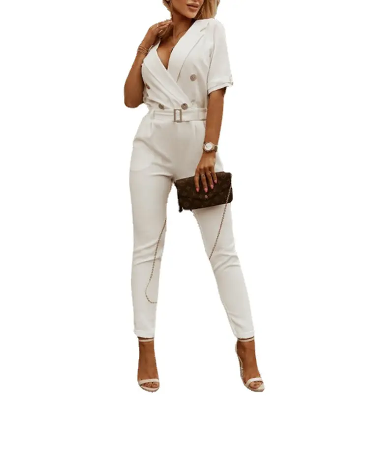 Jumpsuit Women Summer Sexy Short Sleeves V-neck Y2k Belt Jumpsuit High Streetwear Bodycon Wide Leg Romper Pocket Overalls