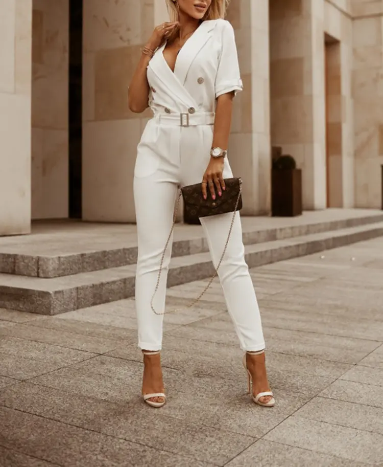 Jumpsuit Women Summer Sexy Short Sleeves V-neck Y2k Belt Jumpsuit High Streetwear Bodycon Wide Leg Romper Pocket Overalls
