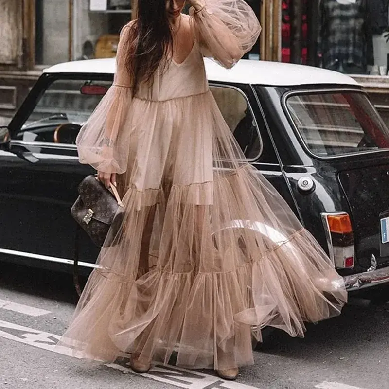 Women Dresses Puff Sleeve V Neck Pullover Party Dress Solid Color High Street Vestidos Loose Fit Sheer Autumn 2023 Ball Gown