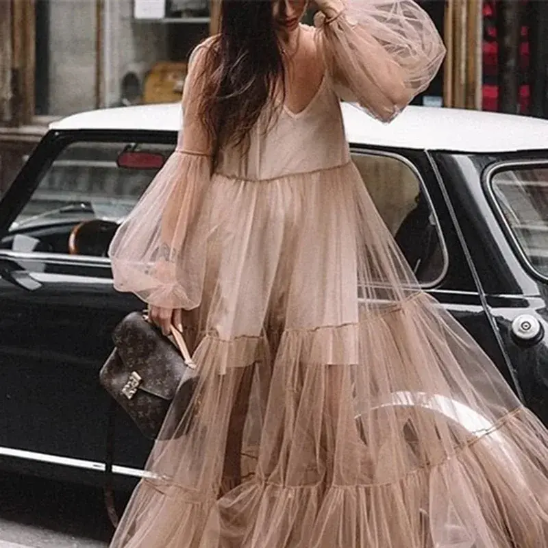 Women Dresses Puff Sleeve V Neck Pullover Party Dress Solid Color High Street Vestidos Loose Fit Sheer Autumn 2023 Ball Gown