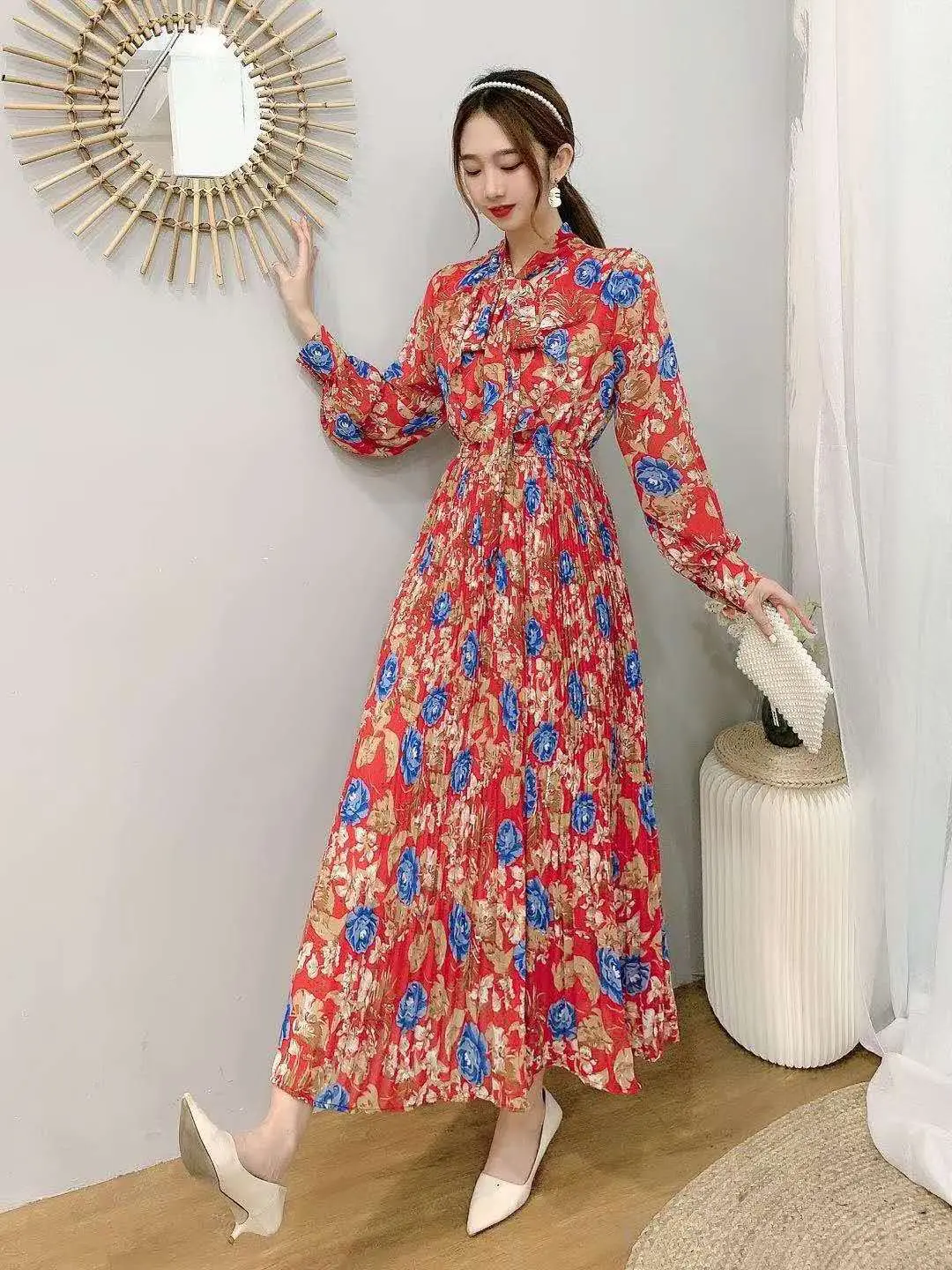 Pleated Dresses Long Sleeve O Neck Pullover Print Women Ankle Length Dress Loose Folds Vestidos Casual Basics 2024 Summer