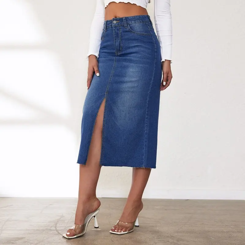 Women Pencil Skirt Sexy Wrap Buttocks Dress High Waist Denim Skirts Vintage Washed Basics Spliced Pockets Slim Fit Solid