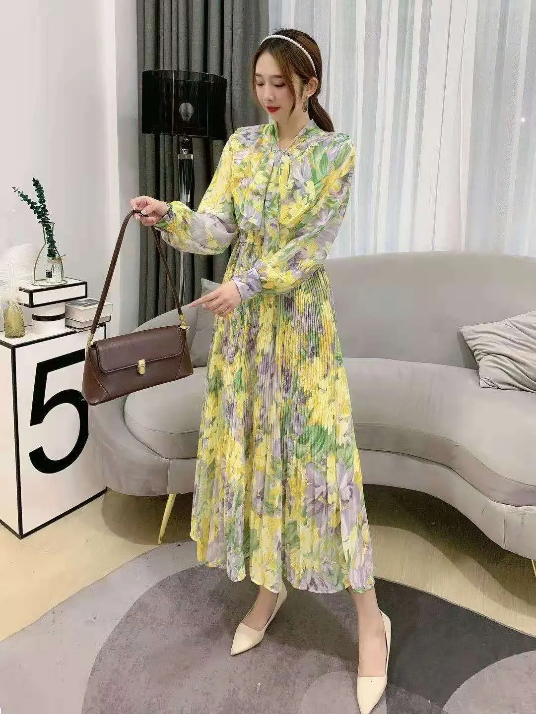 Pleated Dresses Long Sleeve O Neck Pullover Print Women Ankle Length Dress Loose Folds Vestidos Casual Basics 2024 Summer