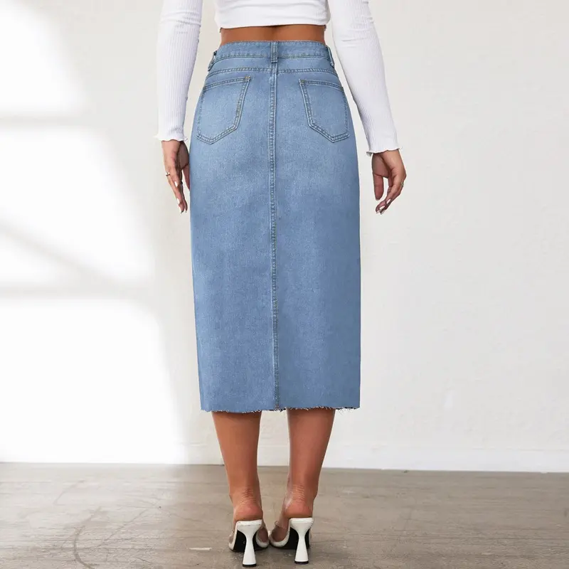 Women Pencil Skirt Sexy Wrap Buttocks Dress High Waist Denim Skirts Vintage Washed Basics Spliced Pockets Slim Fit Solid