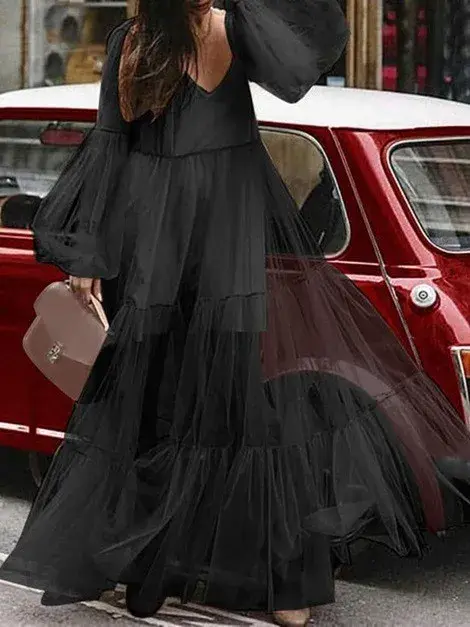 Women Dresses Puff Sleeve V Neck Pullover Party Dress Solid Color High Street Vestidos Loose Fit Sheer Autumn 2023 Ball Gown