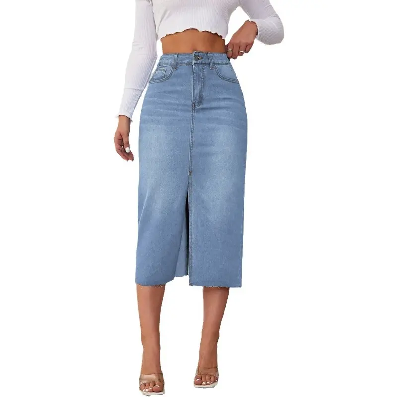 Women Pencil Skirt Sexy Wrap Buttocks Dress High Waist Denim Skirts Vintage Washed Basics Spliced Pockets Slim Fit Solid