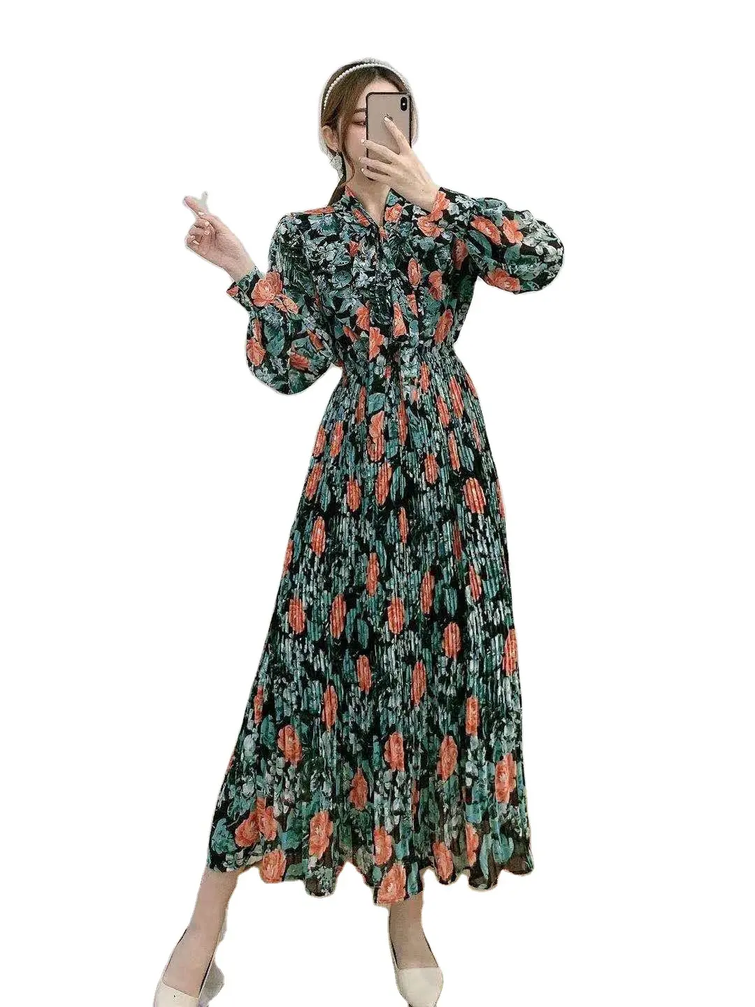 Pleated Dresses Long Sleeve O Neck Pullover Print Women Ankle Length Dress Loose Folds Vestidos Casual Basics 2024 Summer