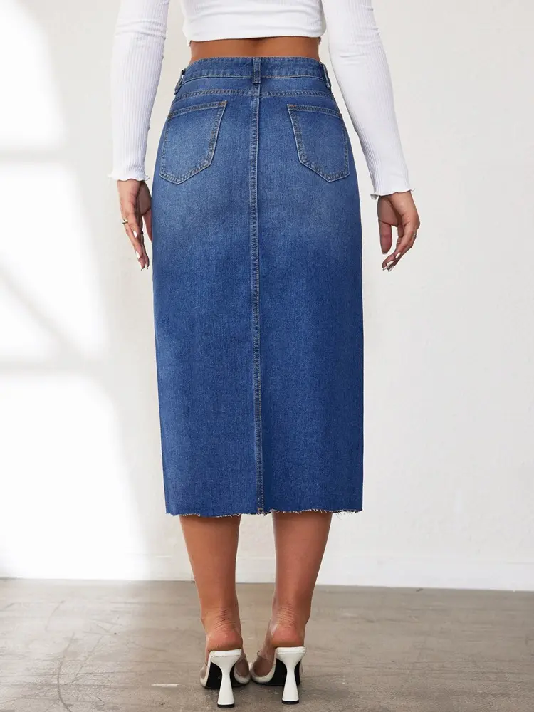 Women Pencil Skirt Sexy Wrap Buttocks Dress High Waist Denim Skirts Vintage Washed Basics Spliced Pockets Slim Fit Solid