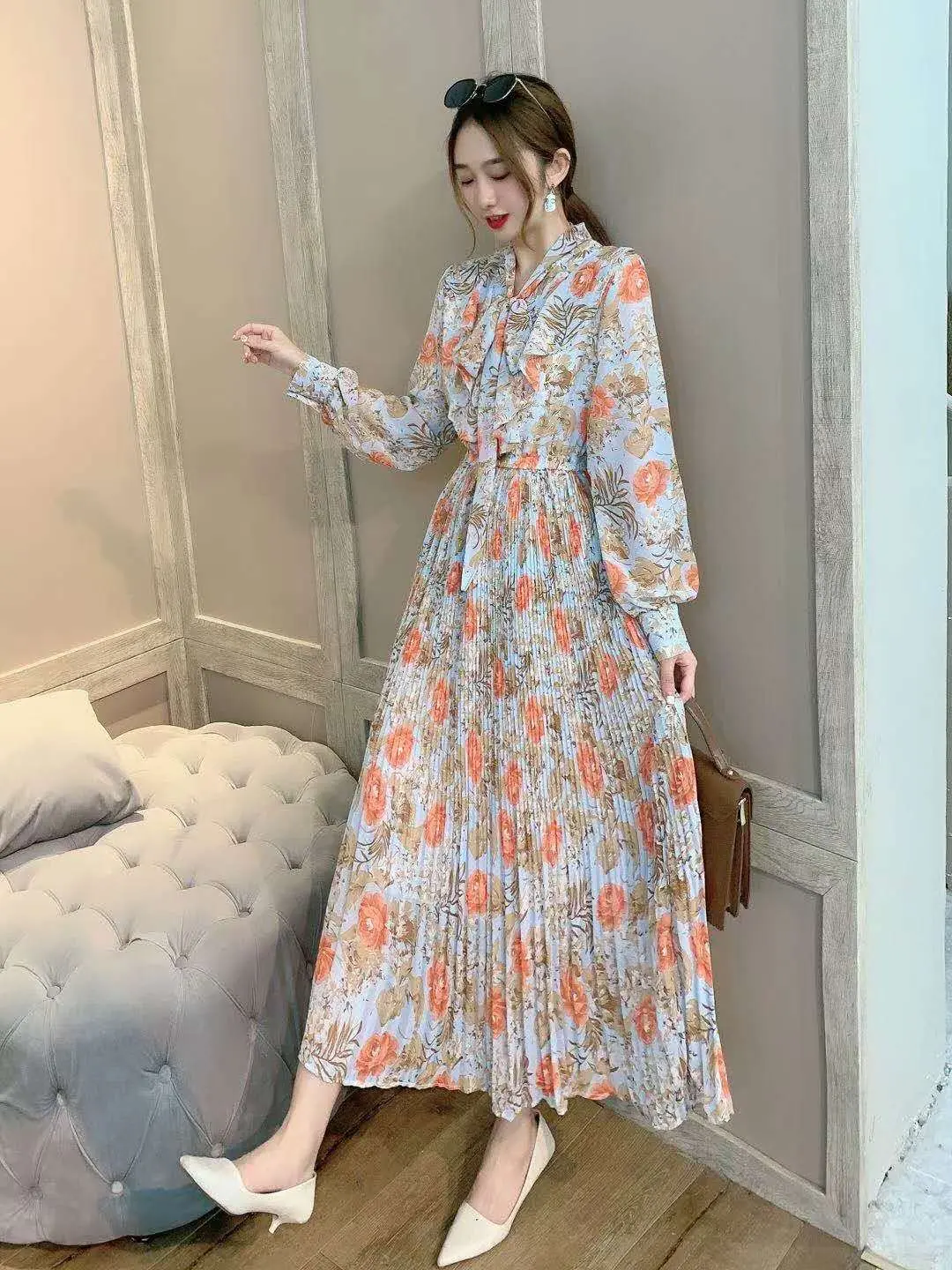Pleated Dresses Long Sleeve O Neck Pullover Print Women Ankle Length Dress Loose Folds Vestidos Casual Basics 2024 Summer