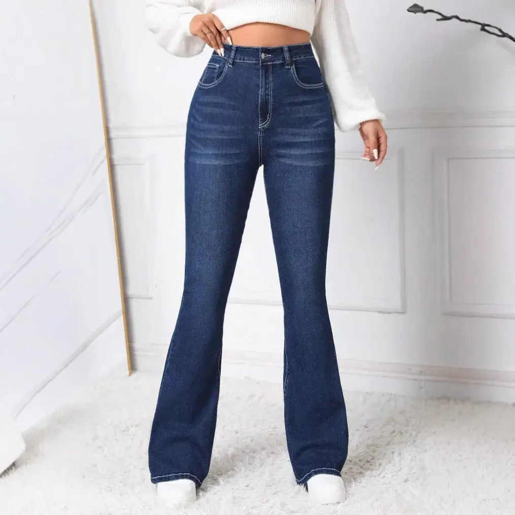 Flare Pants Jeans Women Embroidery Boot Cut Stretch High Waist Washed Distressed Pocket Streetwear Mom Jeans 2025 Denim Trousers