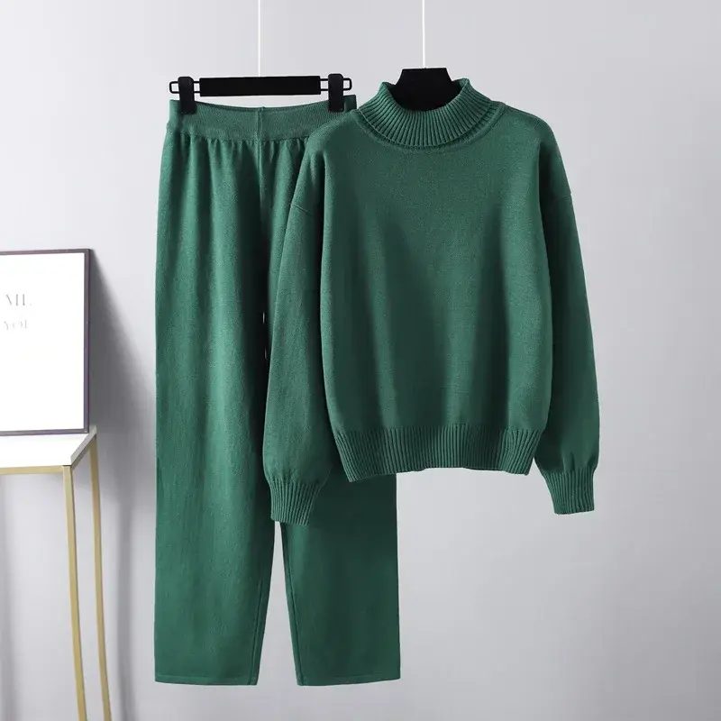 Winter Knit Sweater Set Women Pants Sets Turtleneck Sweater Elastic Trousers Suits Knitted Two Piece Set Autumn Y2k Streetwear