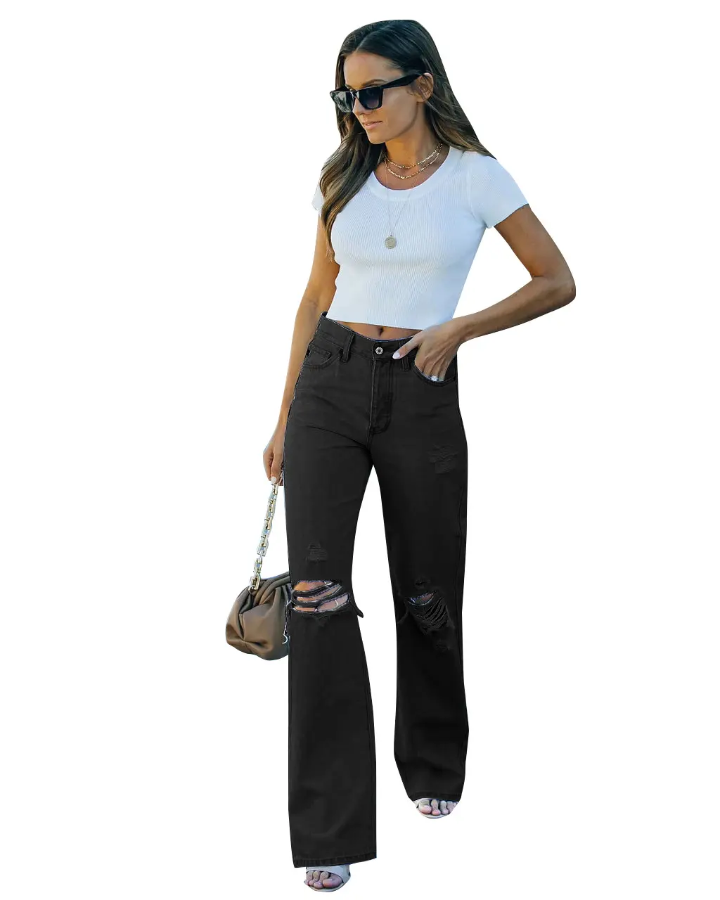 Women Jeans Holes Straight Pants Denim High Waist Solid Zipper Flat Washing Slim Pockets Slight Strech Streetwear Spring