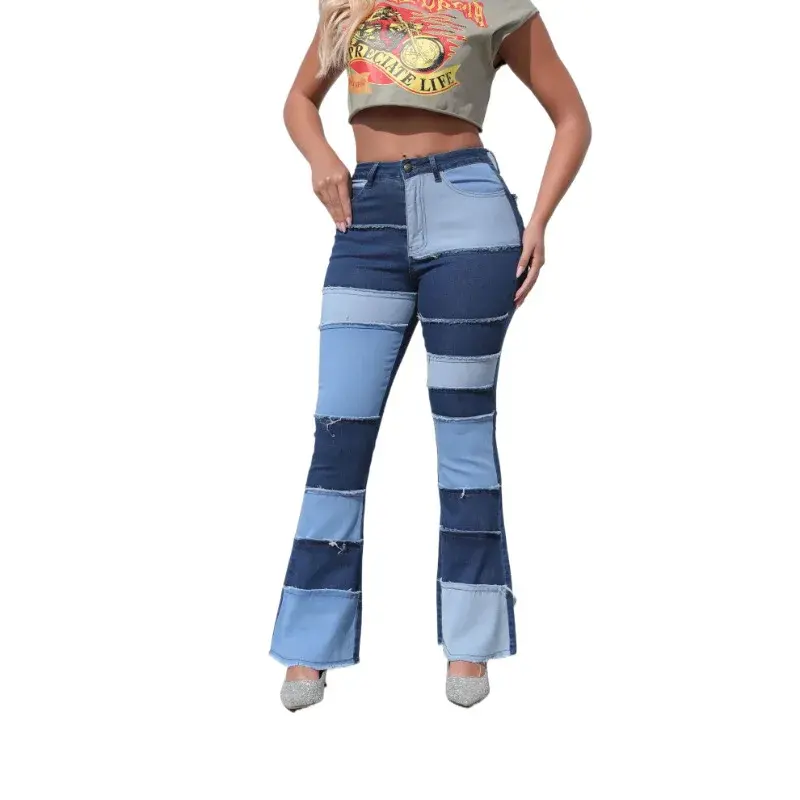Denim Flare Pants Women Mom Jeans 2025 Streetwear High Waist Stretch Patchwork Distressed Y2k Vintage Ankle Length Trousers