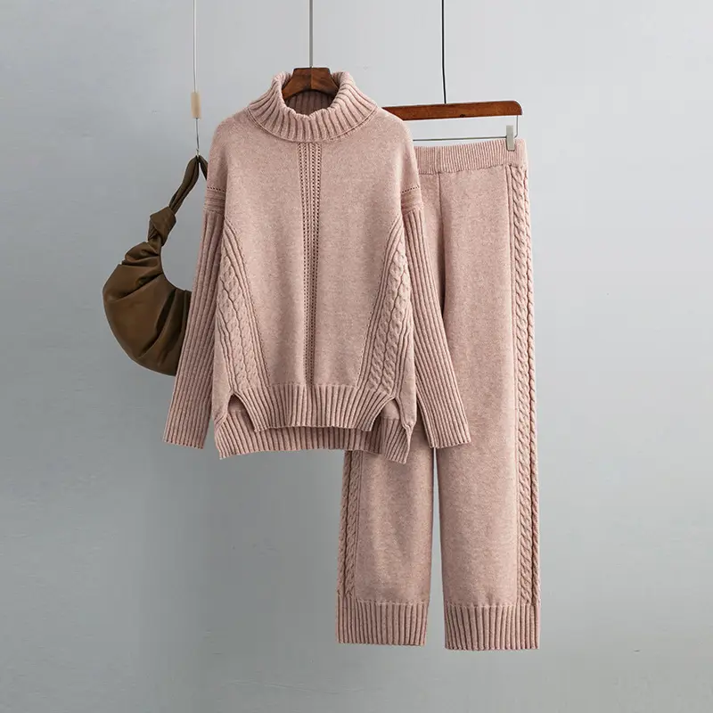 Autumn Winter Sweater for Women Knit Set Tracksuit Matching Sets Turtleneck Sweater Elastic Trousers Suits Knitted Two Piece Set