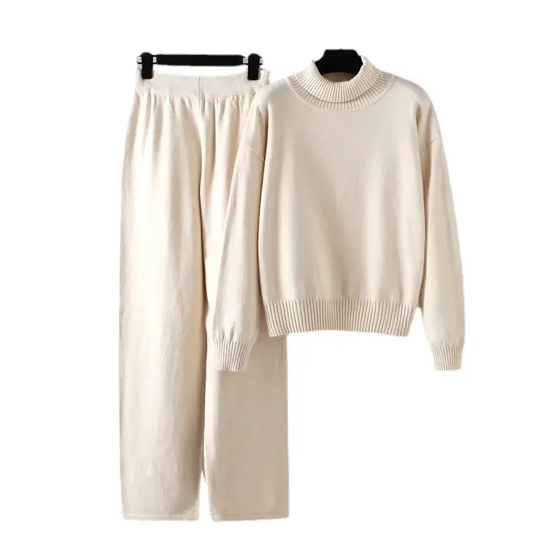 Winter Knit Sweater Set Women Pants Sets Turtleneck Sweater Elastic Trousers Suits Knitted Two Piece Set Autumn Y2k Streetwear