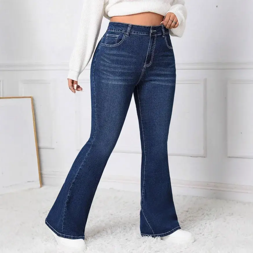 Flare Pants Jeans Women Embroidery Boot Cut Stretch High Waist Washed Distressed Pocket Streetwear Mom Jeans 2025 Denim Trousers