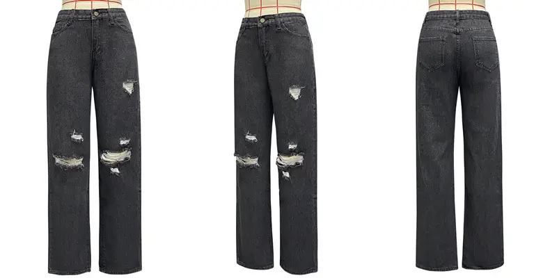 Women Jeans Holes Straight Pants Denim High Waist Solid Zipper Flat Washing Slim Pockets Slight Strech Streetwear Spring