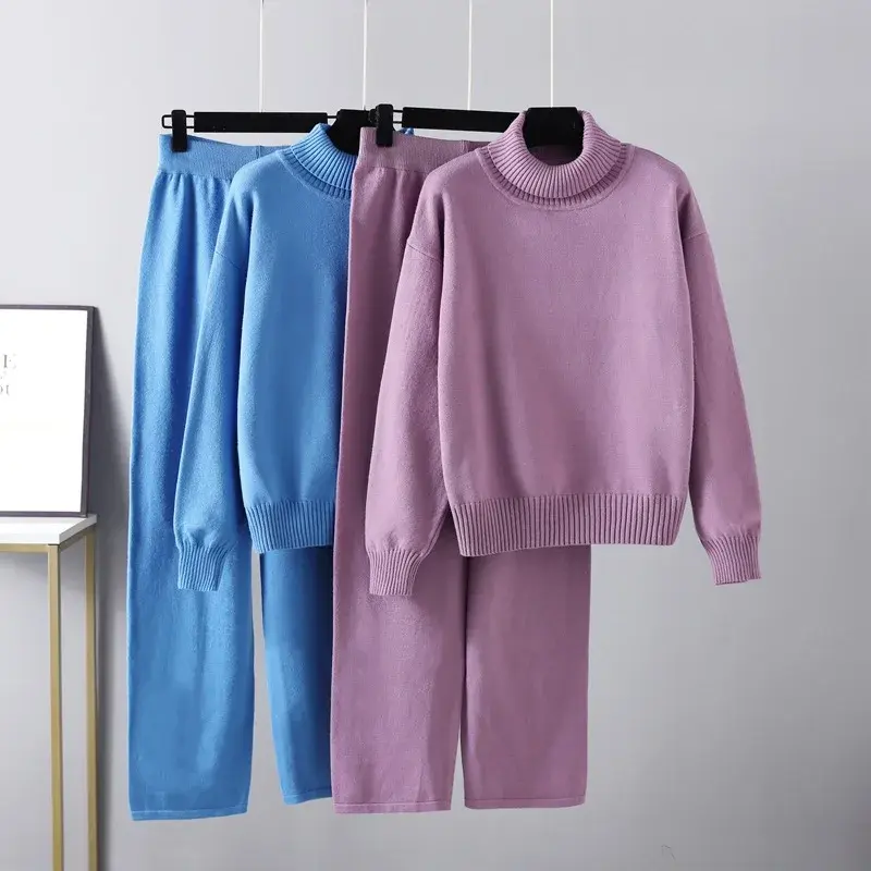 Winter Knit Sweater Set Women Pants Sets Turtleneck Sweater Elastic Trousers Suits Knitted Two Piece Set Autumn Y2k Streetwear