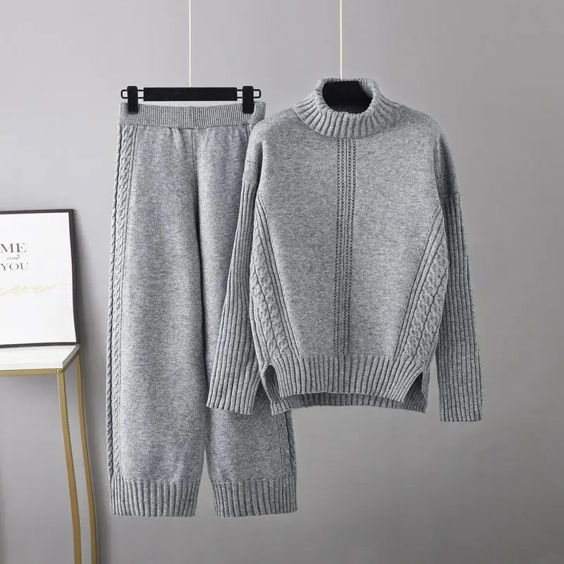 Autumn Winter Sweater for Women Knit Set Tracksuit Matching Sets Turtleneck Sweater Elastic Trousers Suits Knitted Two Piece Set