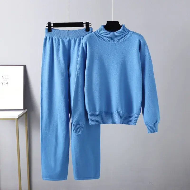 Winter Knit Sweater Set Women Pants Sets Turtleneck Sweater Elastic Trousers Suits Knitted Two Piece Set Autumn Y2k Streetwear