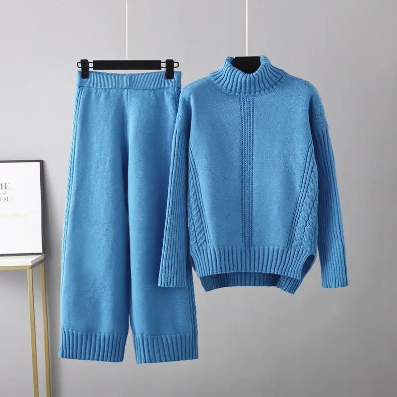 Autumn Winter Sweater for Women Knit Set Tracksuit Matching Sets Turtleneck Sweater Elastic Trousers Suits Knitted Two Piece Set