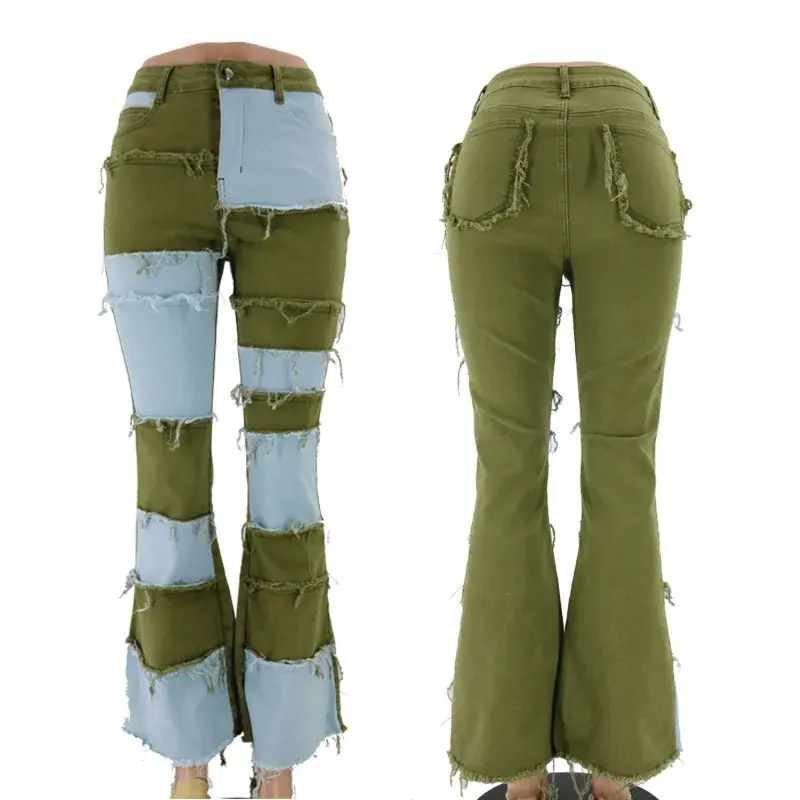 Denim Flare Pants Women Mom Jeans 2025 Streetwear High Waist Stretch Patchwork Distressed Y2k Vintage Ankle Length Trousers