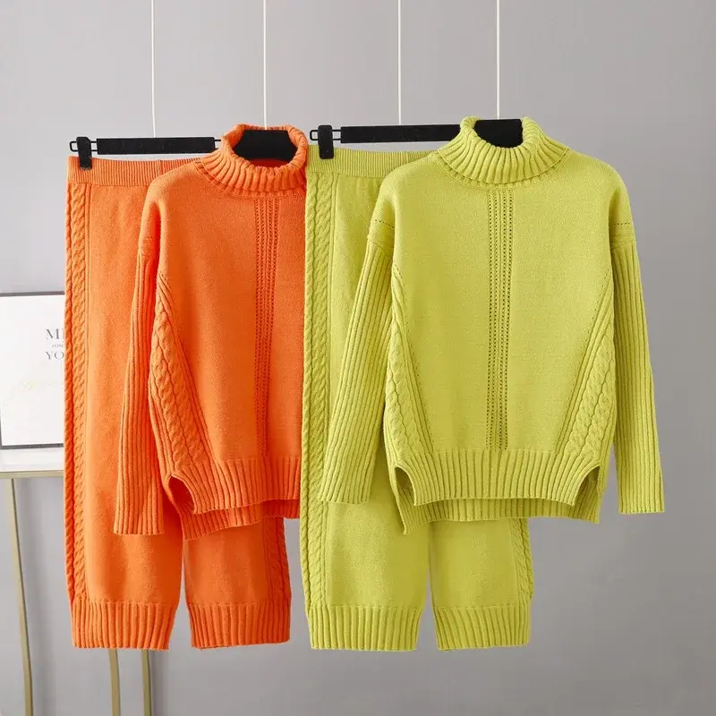 Autumn Winter Sweater for Women Knit Set Tracksuit Matching Sets Turtleneck Sweater Elastic Trousers Suits Knitted Two Piece Set