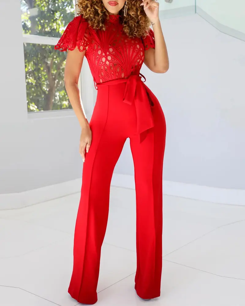 Slim Wide Leg Pants Women Overall Elegant Stitch Lace White Jumpsuit One Piece 2025 Commute Short Sleeve Lace-up Summer Romper