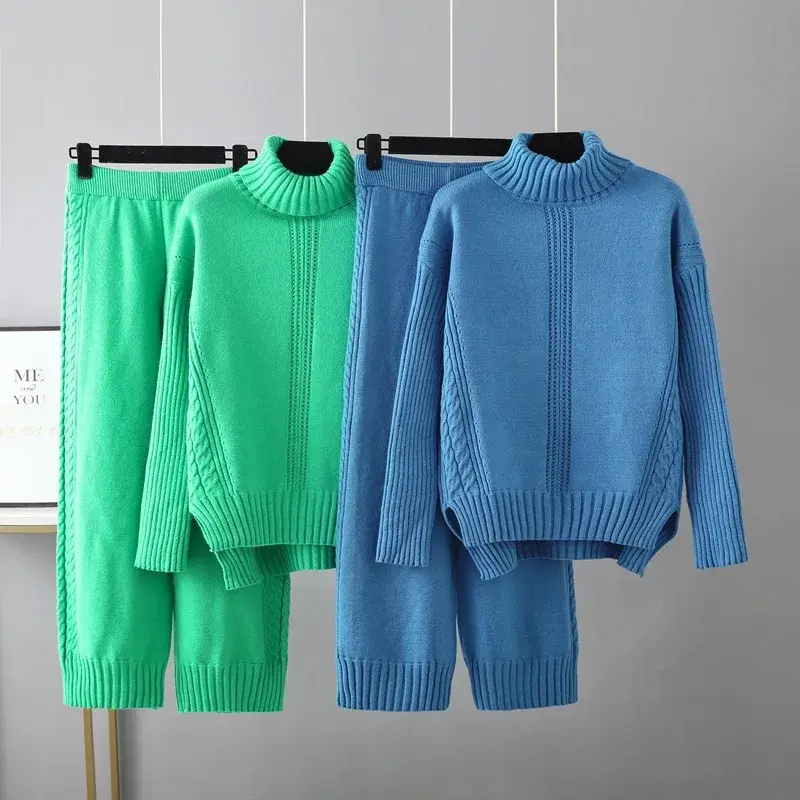 Autumn Winter Sweater for Women Knit Set Tracksuit Matching Sets Turtleneck Sweater Elastic Trousers Suits Knitted Two Piece Set