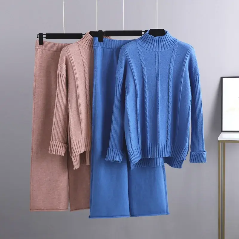 Knit Sweater Set for Women Two Piece Set Tracksuit Autumn Winter Matching Sets Turtleneck Sweater Elastic Trousers Suits Knitted