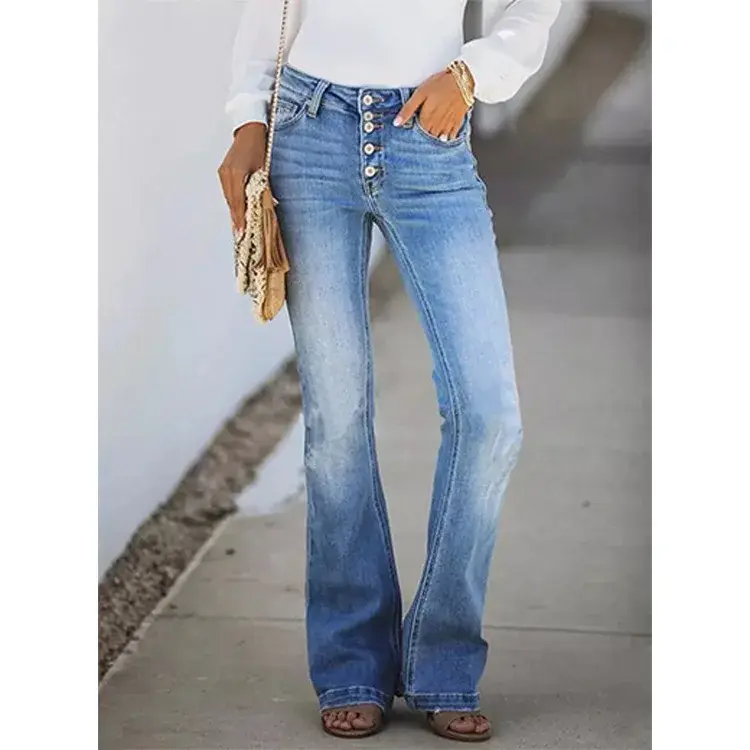 Mom Jeans Women Ankle Length Flare Pants Denim Washing Pockets High Waist Y2k Streetwear Button Distressed Slim Zipper 2025