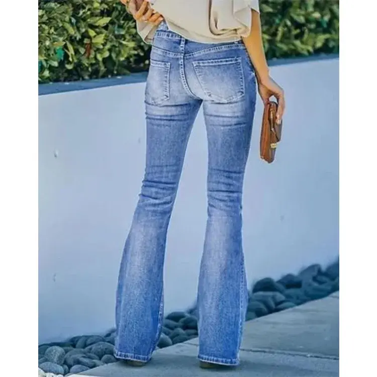 Mom Jeans Women Ankle Length Flare Pants Denim Washing Pockets High Waist Y2k Streetwear Button Distressed Slim Zipper 2025