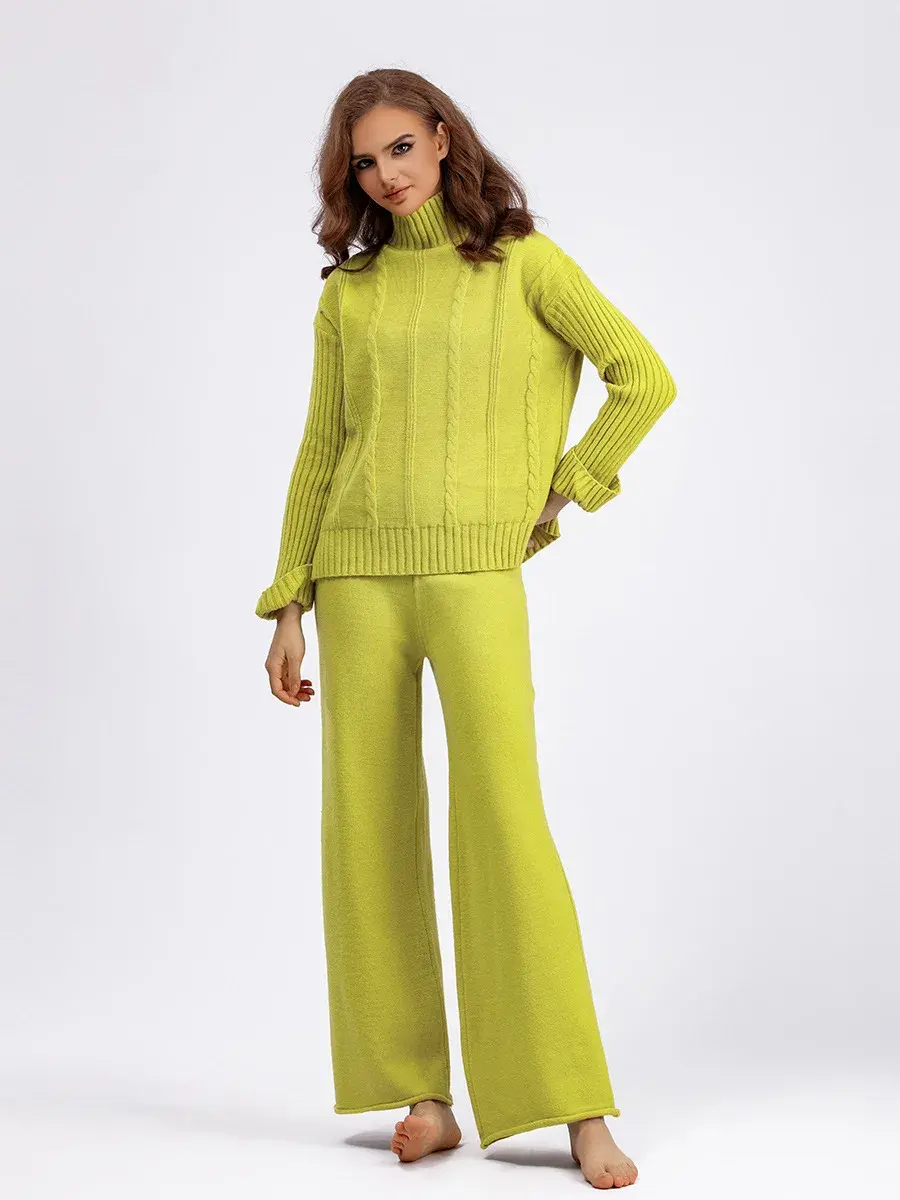Knit Sweater Set for Women Two Piece Set Tracksuit Autumn Winter Matching Sets Turtleneck Sweater Elastic Trousers Suits Knitted