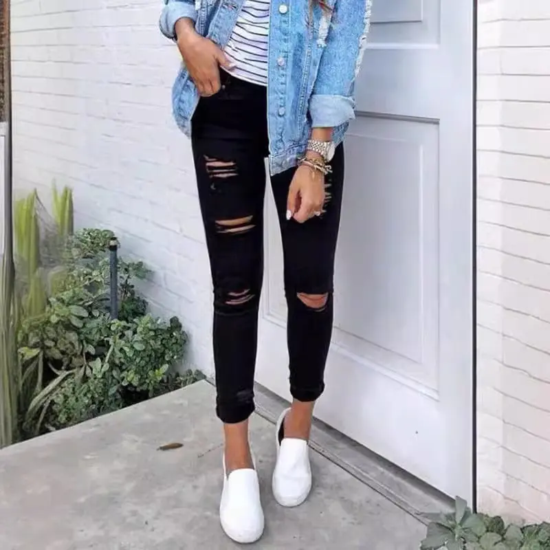 Denim Pencil Pant Women Jeans Long Pants Slim Mom Jeans High Waist Hole Trousers Y2k Streetwear Elegant Splice Slim Bodycon