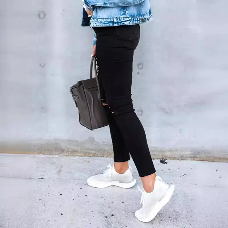 Denim Pencil Pant Women Jeans Long Pants Slim Mom Jeans High Waist Hole Trousers Y2k Streetwear Elegant Splice Slim Bodycon