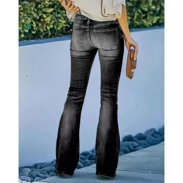 Mom Jeans Women Ankle Length Flare Pants Denim Washing Pockets High Waist Y2k Streetwear Button Distressed Slim Zipper 2025