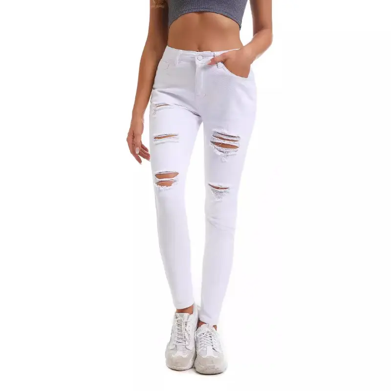 Denim Pencil Pant Women Jeans Long Pants Slim Mom Jeans High Waist Hole Trousers Y2k Streetwear Elegant Splice Slim Bodycon
