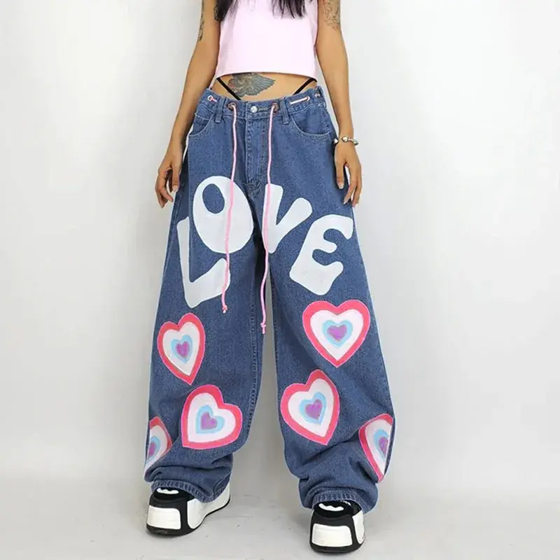 Women Jeans Denim Pants Floor Length Pant Casual Loose Straight Trousers Print High Waist Button Simple Y2k Mom Jeans Streetwear